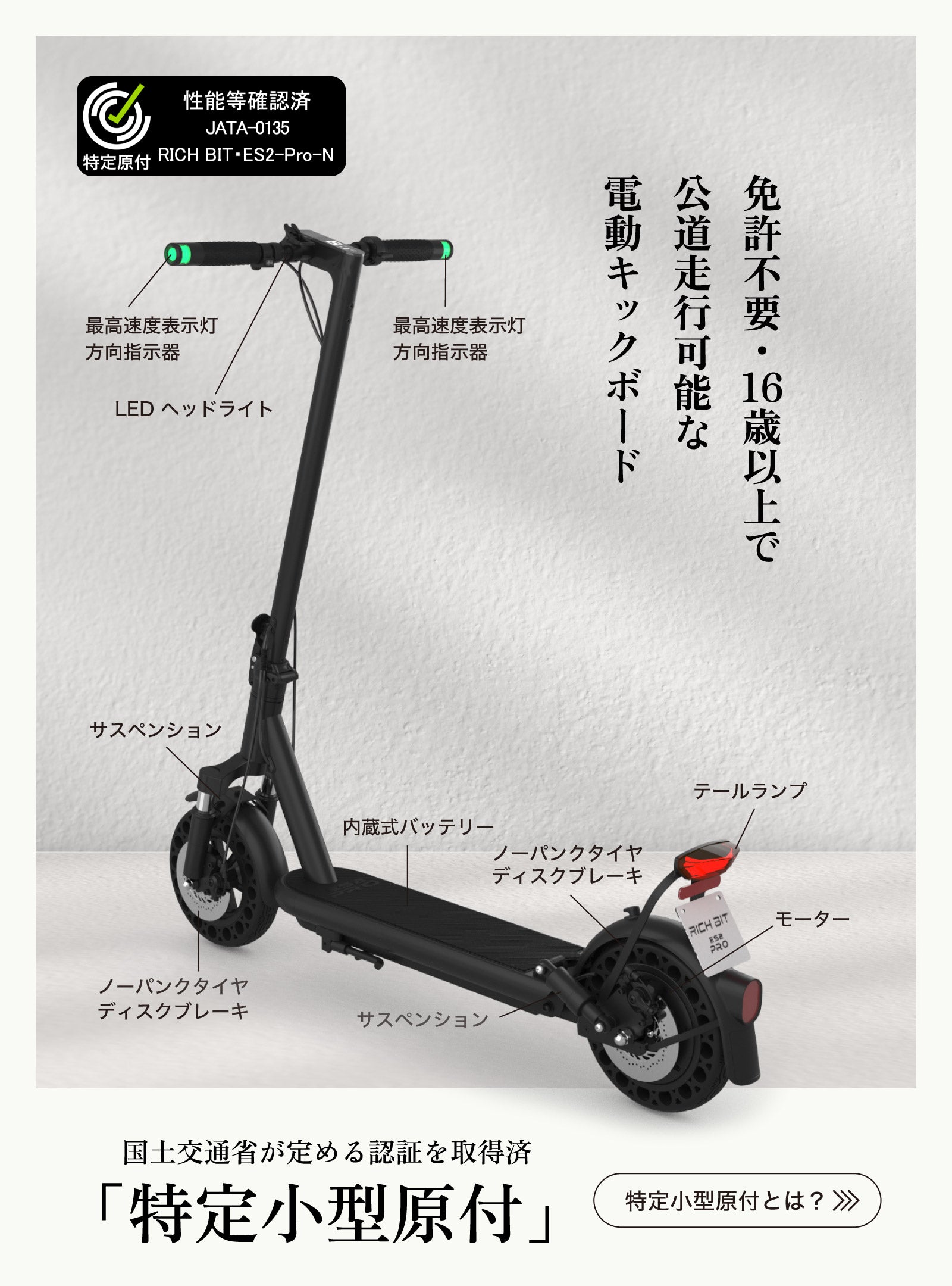 RICHBIT ES2 Pro★特定小型原付 電動キックボード （免許不要・公道/歩道走行可能 ）